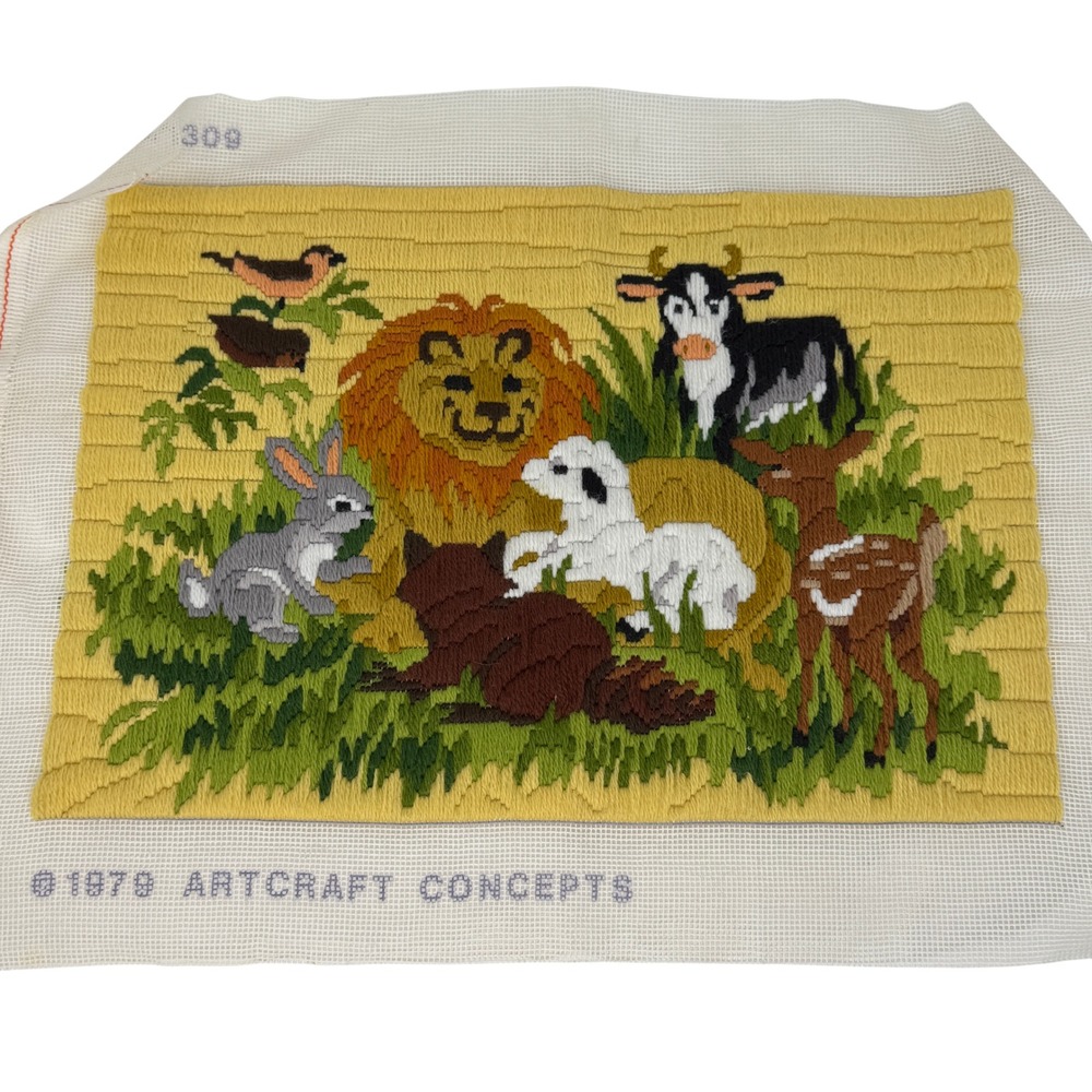 Vintage 1979 Needlepoint Wall Hanging Animal Scene Lion Lamb Deer Cow Folk Art